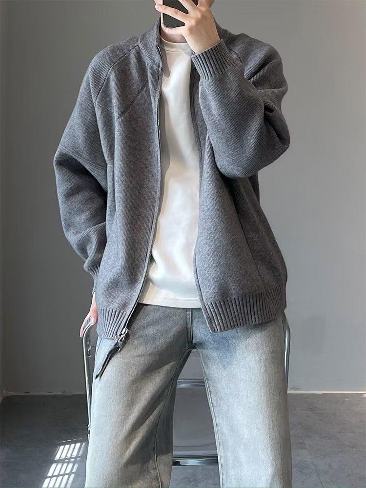 Men's Korean Style Double Zipper Stand Collar Knit Cardigan Jacket for Autumn and Winter Casual Wear