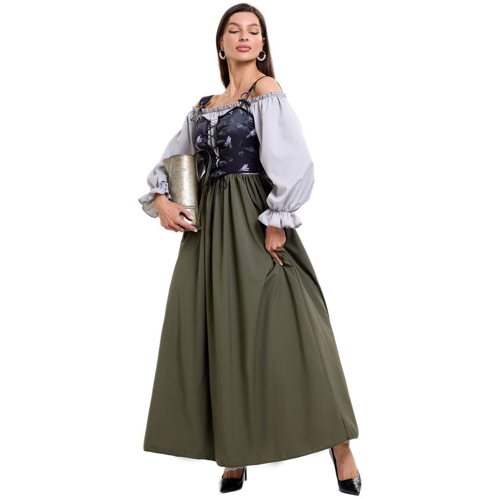 Halloween Scottish Colonial Manor Maid Costume, European Medieval Retro Court Dress