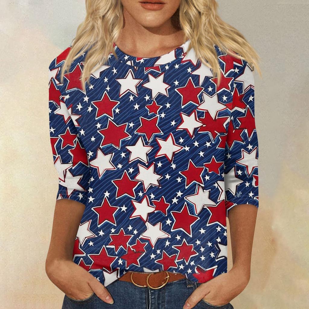 Damenmode Lässiges Rundhals-T-Shirt mit 3/4-Ärmeln und lockerem Aufdruck