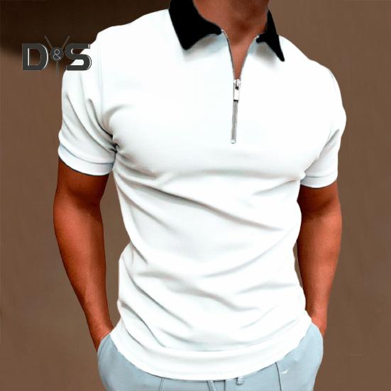 Pánské tričko s krátkým rukávem a zipem, jednobarevné, s klopou, ležérní, slim fit, letní top na dovolenou, do práce, sport