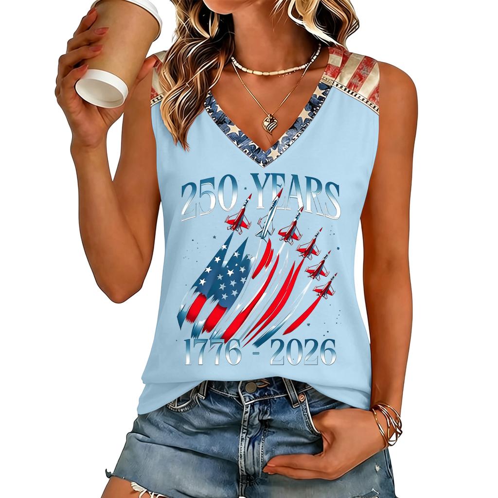 Womens V Neck Casual Short Sleeve Top with 250 Years 1776 2026 Letter Print Loose Fit Lightweight T Shirt for Summer Daily Wear