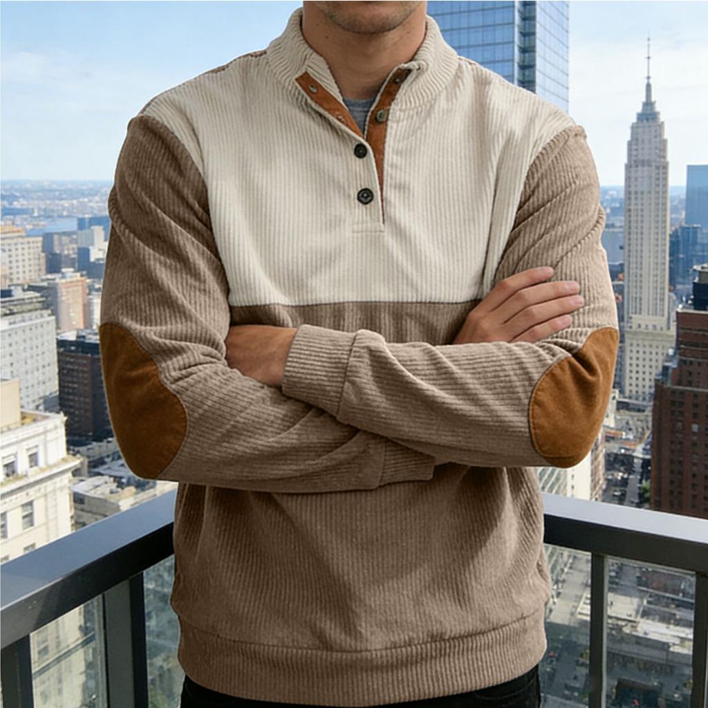 New Men's Corduroy Patchwork Contrast Collar Oversized Long-Sleeved Knitted Sweatshirt