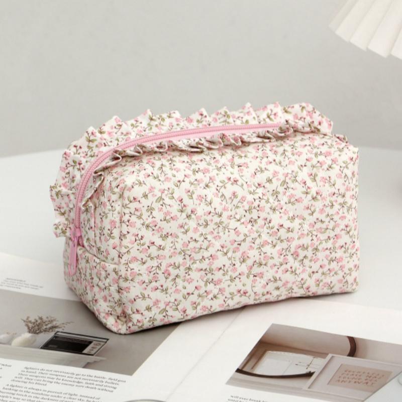 Makeup Organizer Bag Large Capacity Ruffled Edge Bow Floral Print Pen Storage for School Travel Work