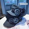 Adjustable Denim Camellia Beret Hat Artistic Painter Caps Vintage Flower Flat Top Hat  Lady