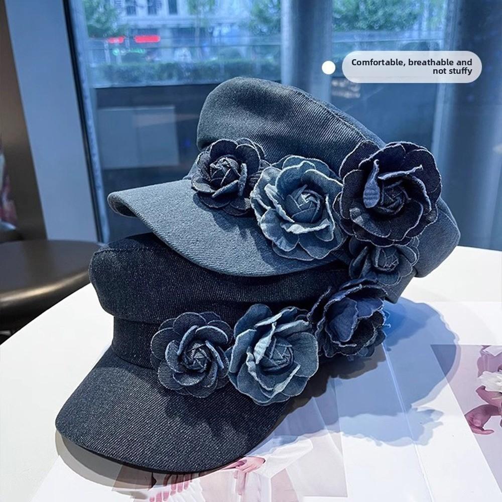 Adjustable Denim Camellia Beret Hat Artistic Painter Caps Vintage Flower Flat Top Hat  Lady
