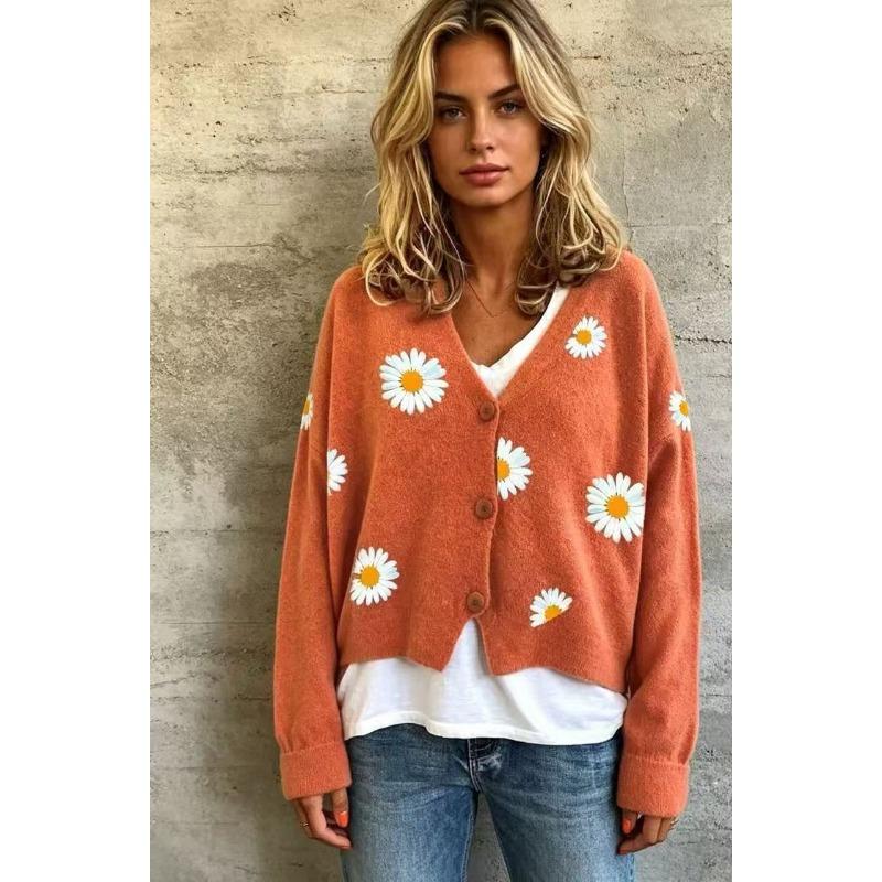 Cardigan Maglione da Donna S con Scollo a V e Manica Lunga a Maglia con Motivo Floreale