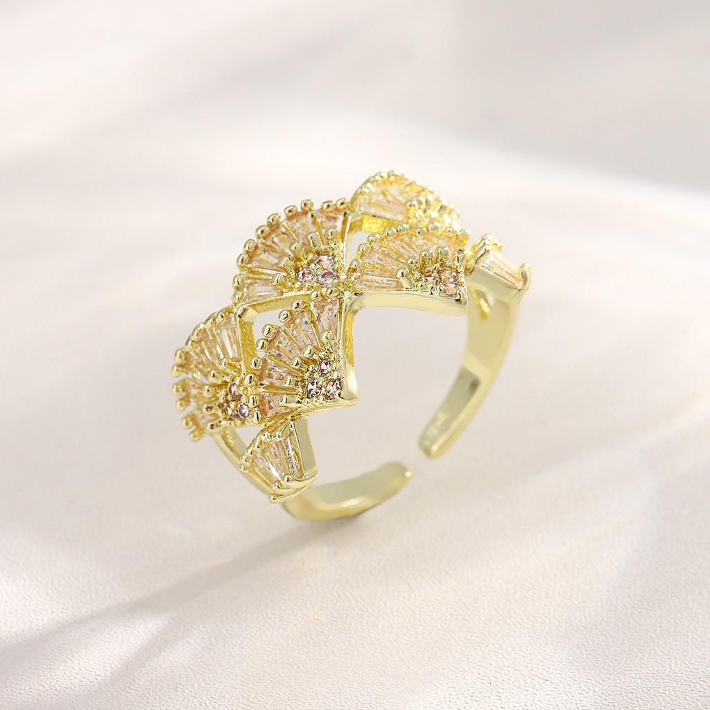 Copper Zircon Flower Open Ring For Women With Adjustable Size And Christmas Holiday Style