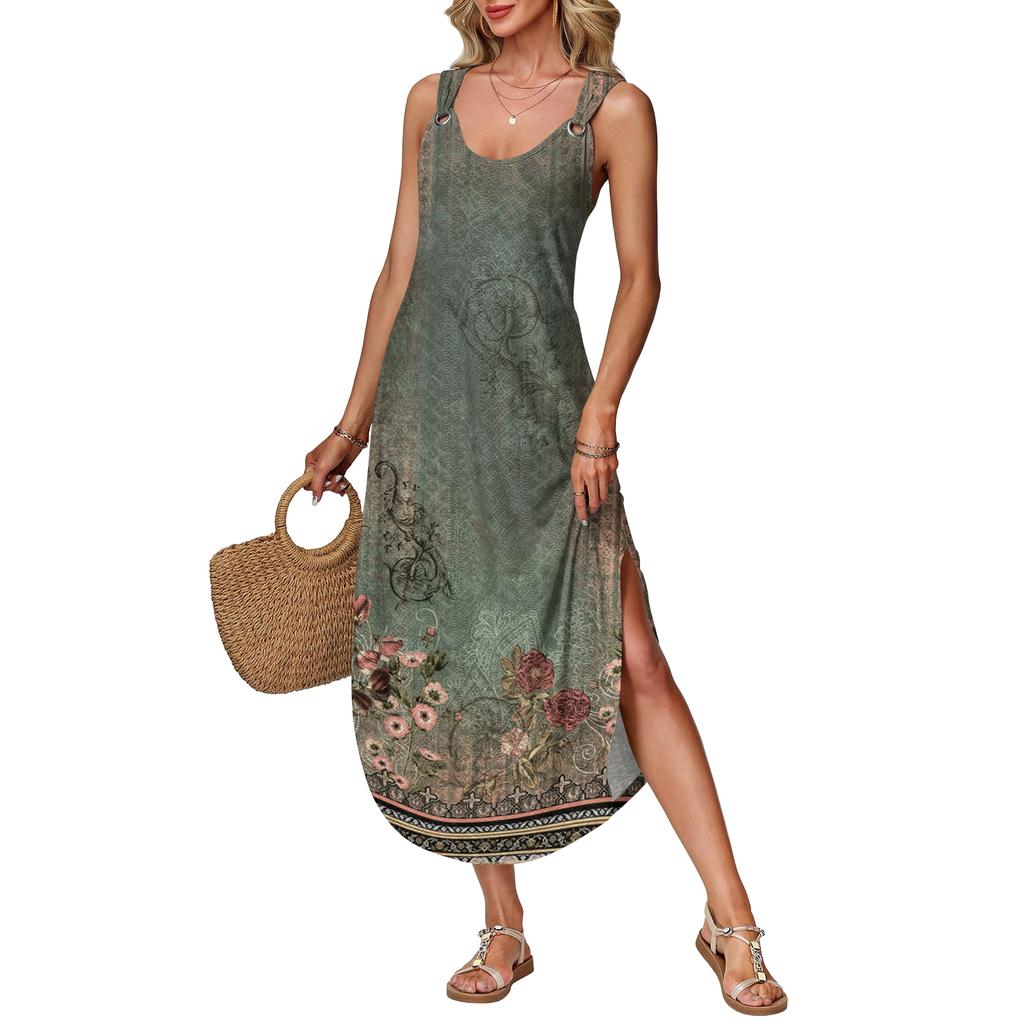 Women's summer long dress, sleeveless with side slits, long retro printed camisole dress