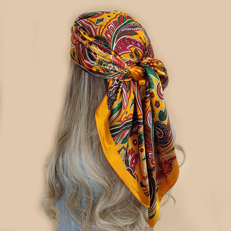 New 90*90cm Retro Brand Women Silk Scarf Bandanna Fashion Bohemian Pattern Square Hijab Lady Wrap Headband foulard muffler