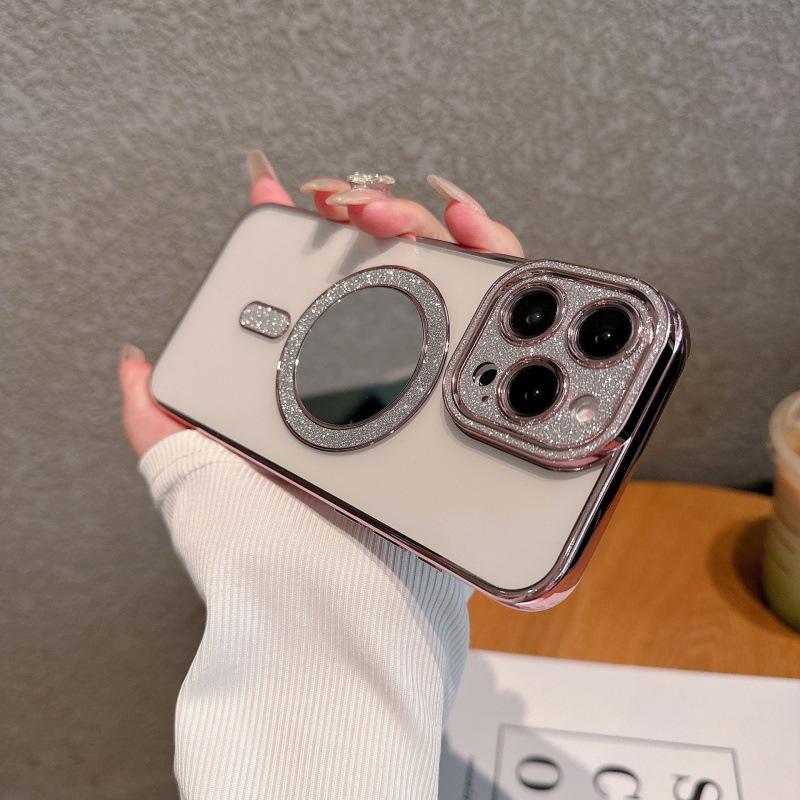 New Apple 16 mobile phone case iPhone15promax electroplated flash diamond lens 14 mirror glitter magnetic suction soft cover