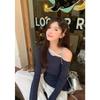 Korean Pure Desire 2025 Autumn New Product Splicing Lace Diagonal Collar Off-shoulder Slim-fitting Long-sleeved Top