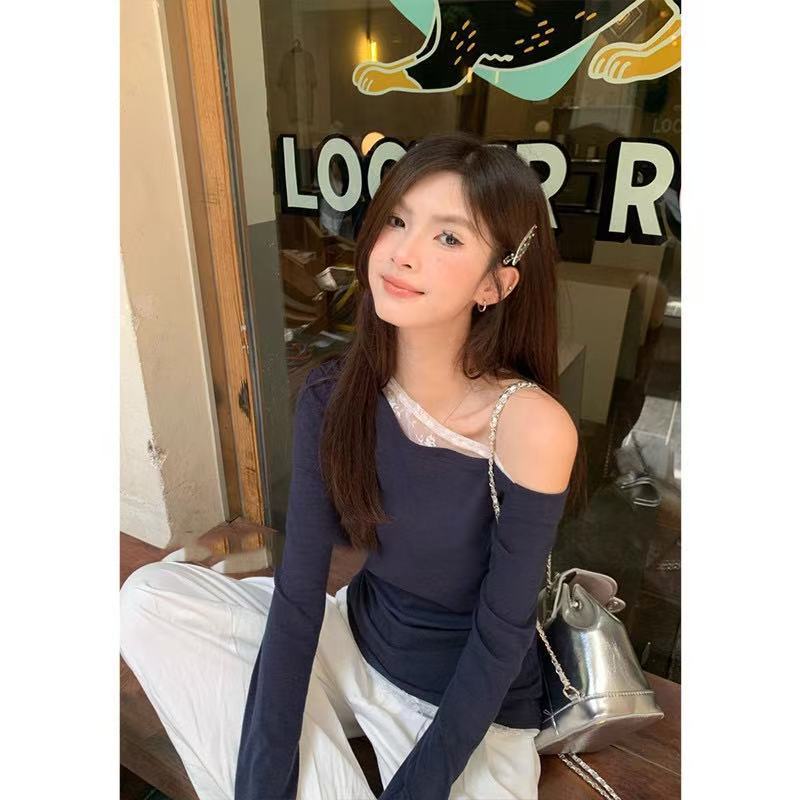 Korean Pure Desire 2025 Autumn New Product Splicing Lace Diagonal Collar Off-shoulder Slim-fitting Long-sleeved Top