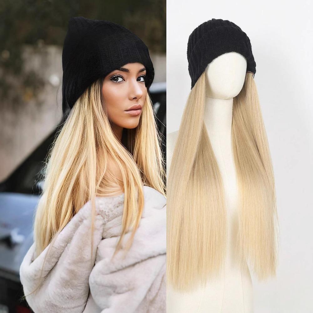Winter Cap Beanies Hat with Hair Wigs One-piece Long Straight Hair Ski Knitted Hat Wig  Girls