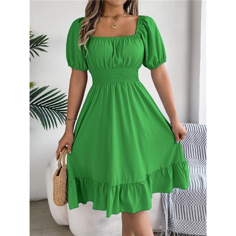 Women s Summer Square Neck Puff Sleeve Dress Smocked Waist Ruffle Hem Casual A-Line Mini Dress L яблочный зеленый