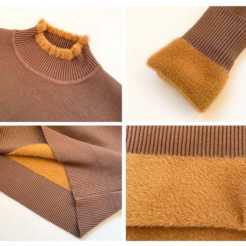 Women Winter Warm Slim Thicken Plush Sweater Velvet Lined Half Turtleneck Knit Pullover Jumper Soft Knitwear