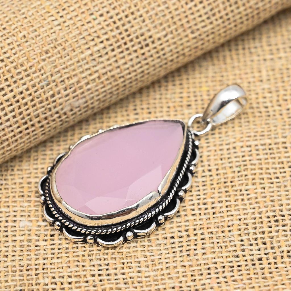 Faceted Pink Chalcedony Gemstone Handmade 925 Sterling Silver Pretty Pendant For Gift