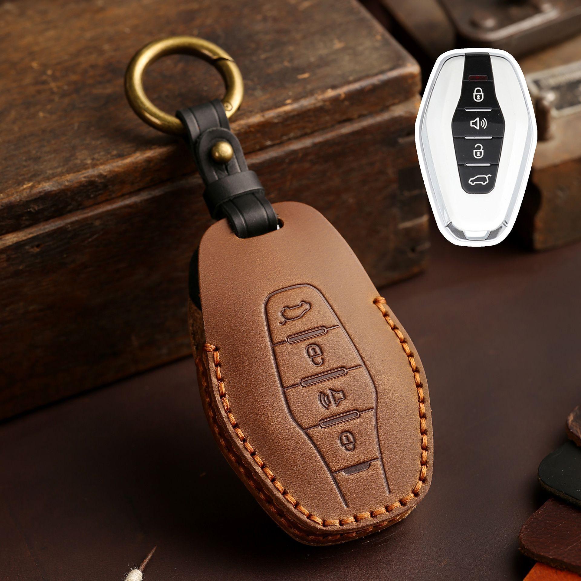 Leather key protective case for Chery Jietu X90Plus key cover X70Plus automotive supplies коричневый