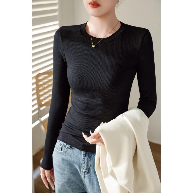 Women High Elastic Ribbed Crew Neck Long Sleeve Slim Fit Base T Shirt Top