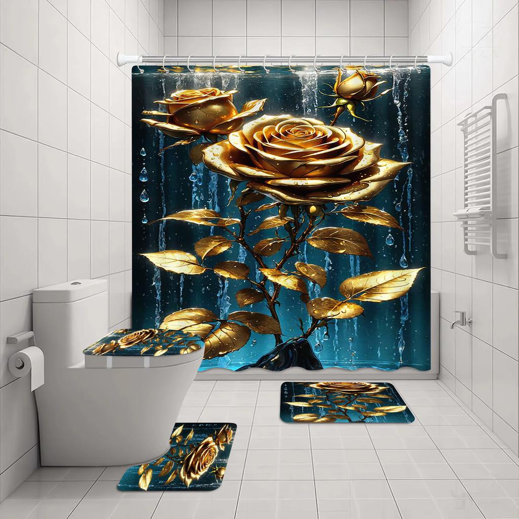 Rose Shower Curtain Love Couple Bath 4 Pcs Set Cute Cartoon Luxury Accessories Sets Full Mats Gifts for Boys Girls