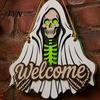 Trick or Treat Door Hanger Halloween Wooden Welcome Sign, Skeleton Reaper Irregular Decor, Gothic Haunted House Decor Wall Hanging Ornament