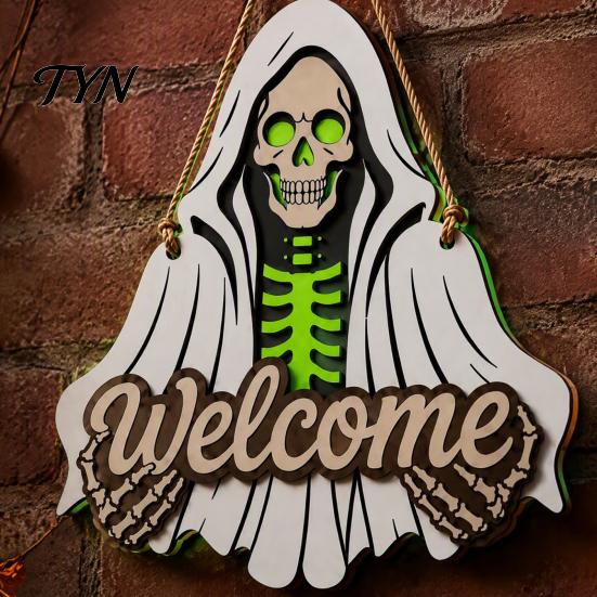 Trick or Treat Door Hanger Halloween Wooden Welcome Sign, Skeleton Reaper Irregular Decor, Gothic Haunted House Decor Wall Hanging Ornament