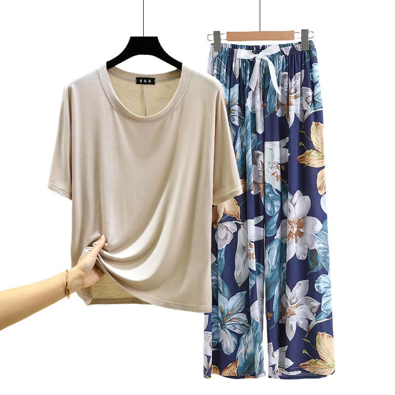 T-shirt girocollo in modal con pantaloni a gamba larga floreali in popeline Set pigiama estivo sottile Tuta casual larga per dormire Loungewear comodo tutto da abbinare