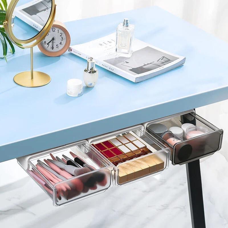 Transparent Under Desk Drawer Organizer Self Adhesive Heavy Duty Large Capacity Storage Box for Home Office Desk Use