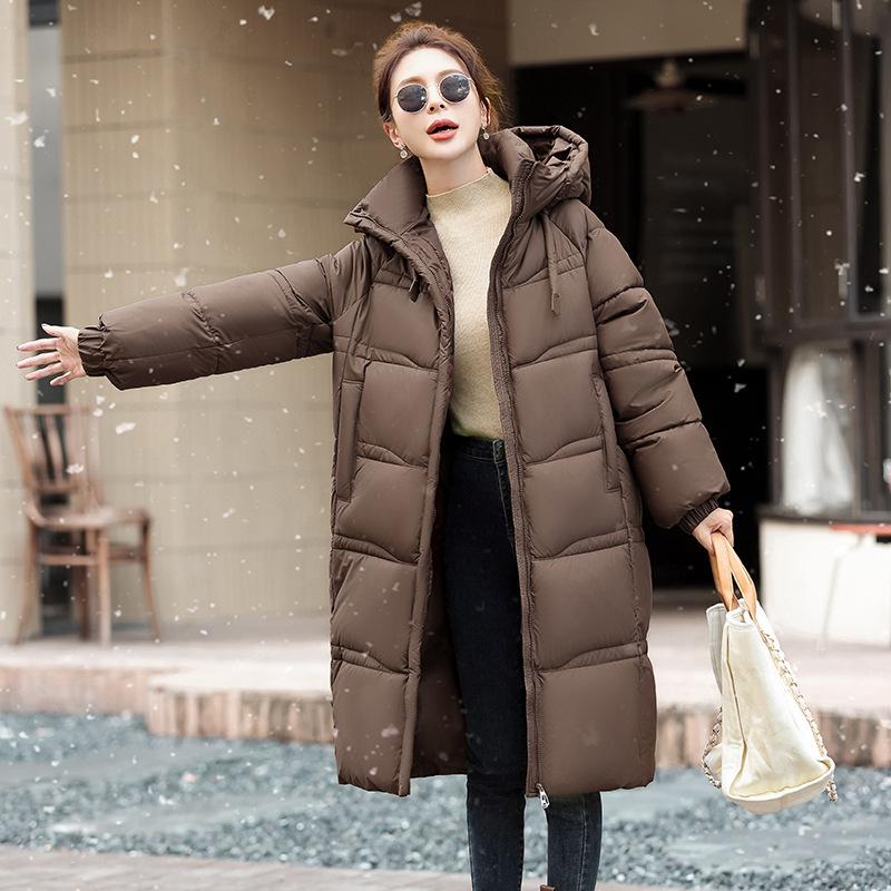 Commuter hooded, thick, warm women's long, knee-length, loose and slim down cotton jacket