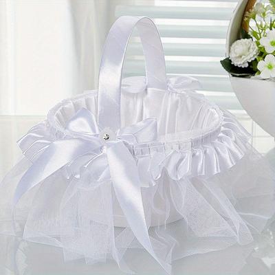 White Pearl Collection Satin Bowknot 1pc/2pcs Small Wedding Flower Baskets - Flower Basket