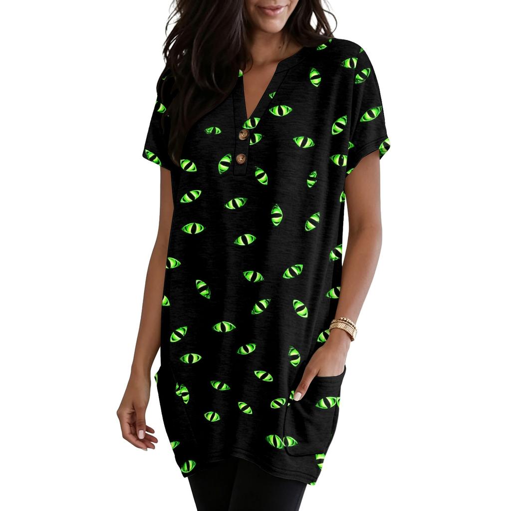 Women's V Neck Halloween Print Short Sleeve Pullover Dress with Pockets Casual Loose Fit Tunic Top