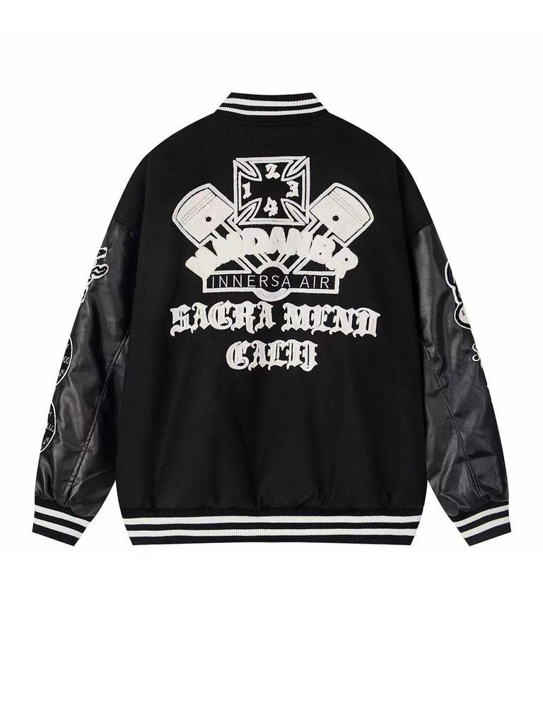 Męska Wysokiej Jakości Czarna Pikowana Kurtka Baseballowa z Naszywkami - Wszechstronna i Modna Odzież Wierzchnia