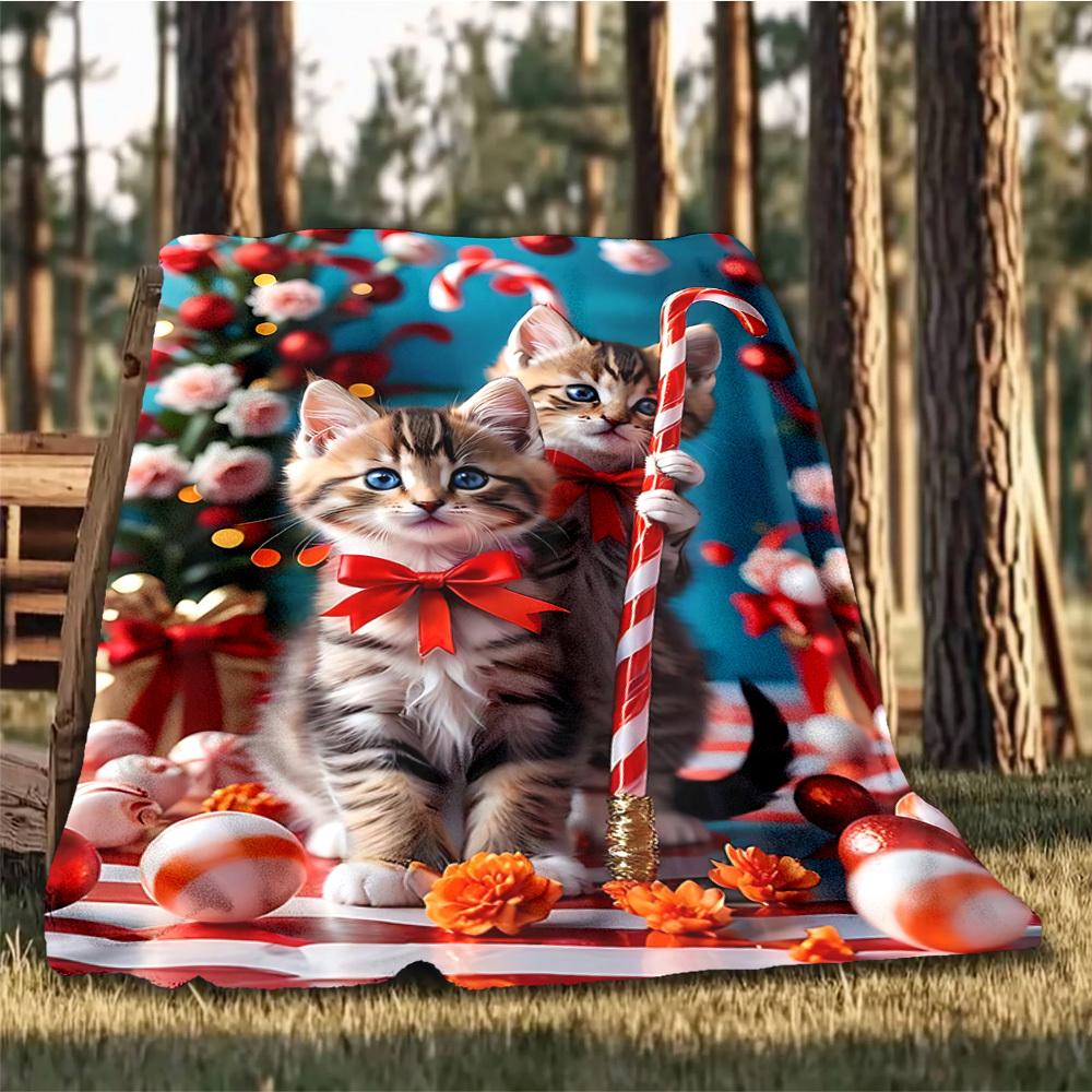 1pc Candy Cane Kittens Outdoor Flannel Blanket Soft All Season Polyester Throw , Perfect for Picnics & Travel , Picnic Accessory
