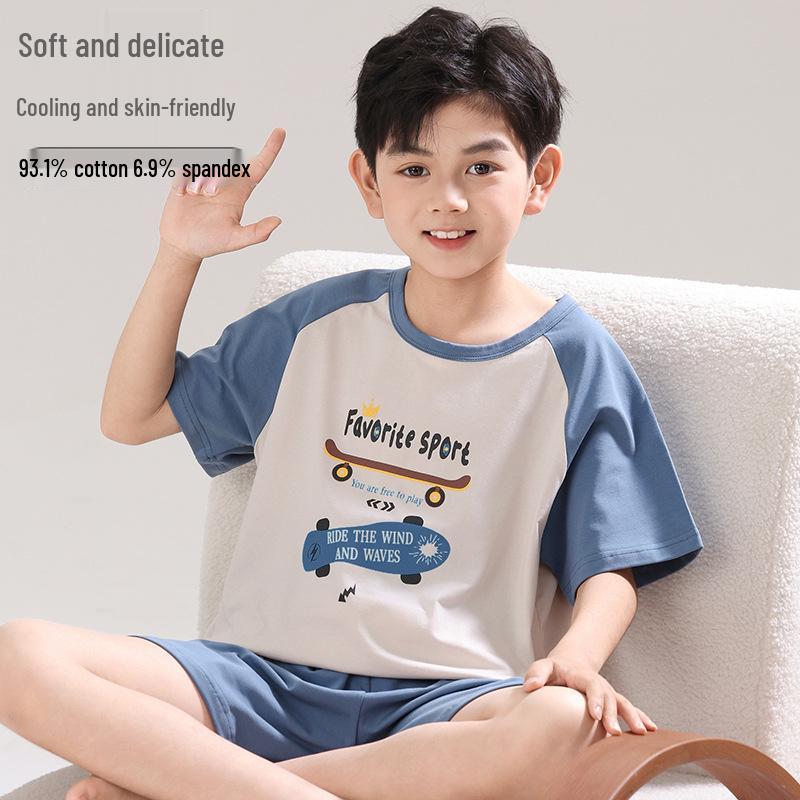 2026 Boys' Lycra Cotton Summer Pajama Set – Air Conditioning Suit for Children