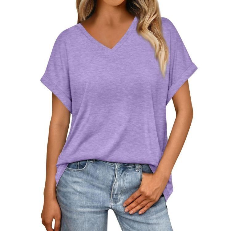 Damen Sommer V-Ausschnitt T-Shirt Locker Kurzarm Einfarbig Mode Top
