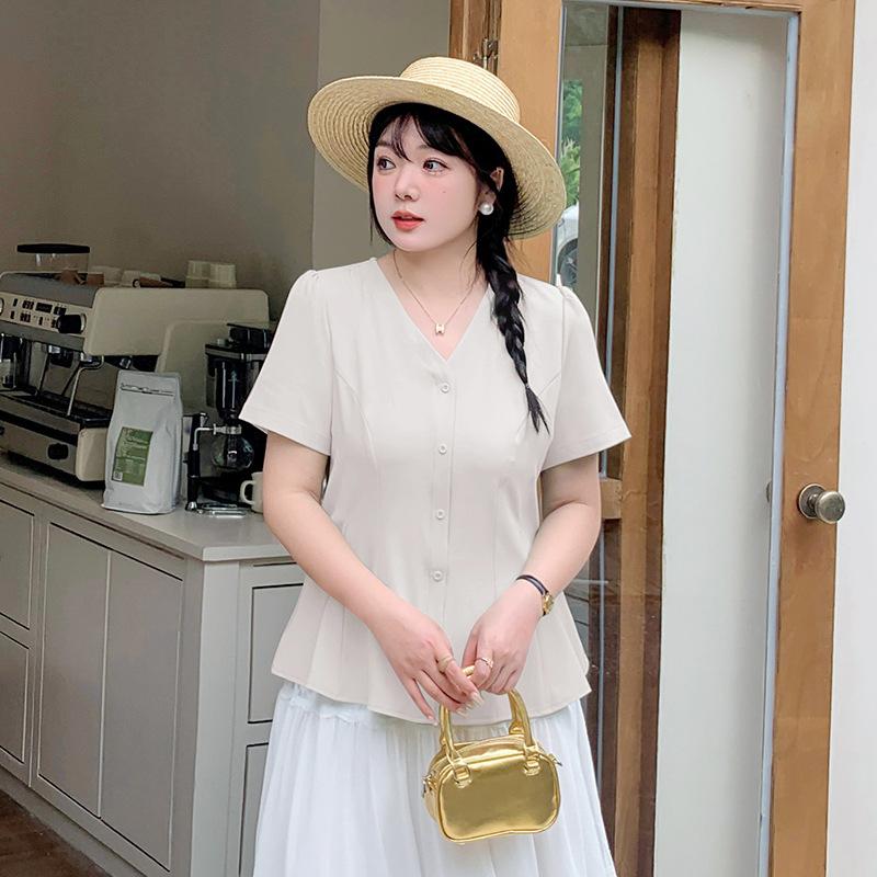 Design-inspired Mermaid Chiffon Shirt, New Summer Plus Size Plus-size Girl V-neck Shoulder Short-sleeve Shirt 250428