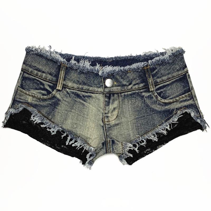 Retro Lace Patchwork Low Waist Denim Shorts for Women – Sexy Nightclub Style S