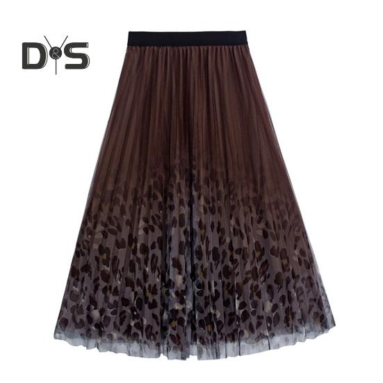 

Женская юбка миди, эластичная юбка А-силуэта с высокой талией, сетчатая пряжа с леопардовым принтом, осенне-зимняя юбка, свободная плиссированная юбка кофейный