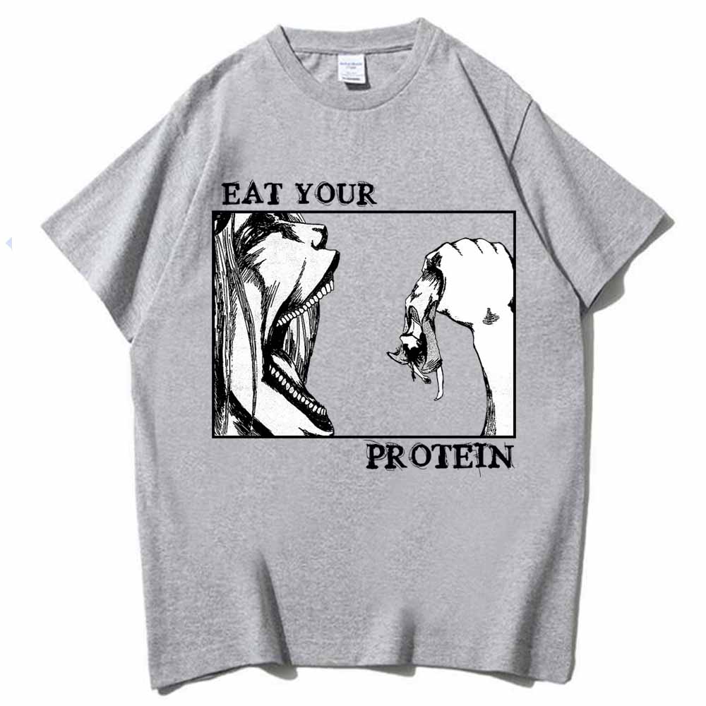 Attack On Titan TShirts Eat Your Protein Shirt Unisex Unisex Summer Casual ONeck Short Sleeve Shirts