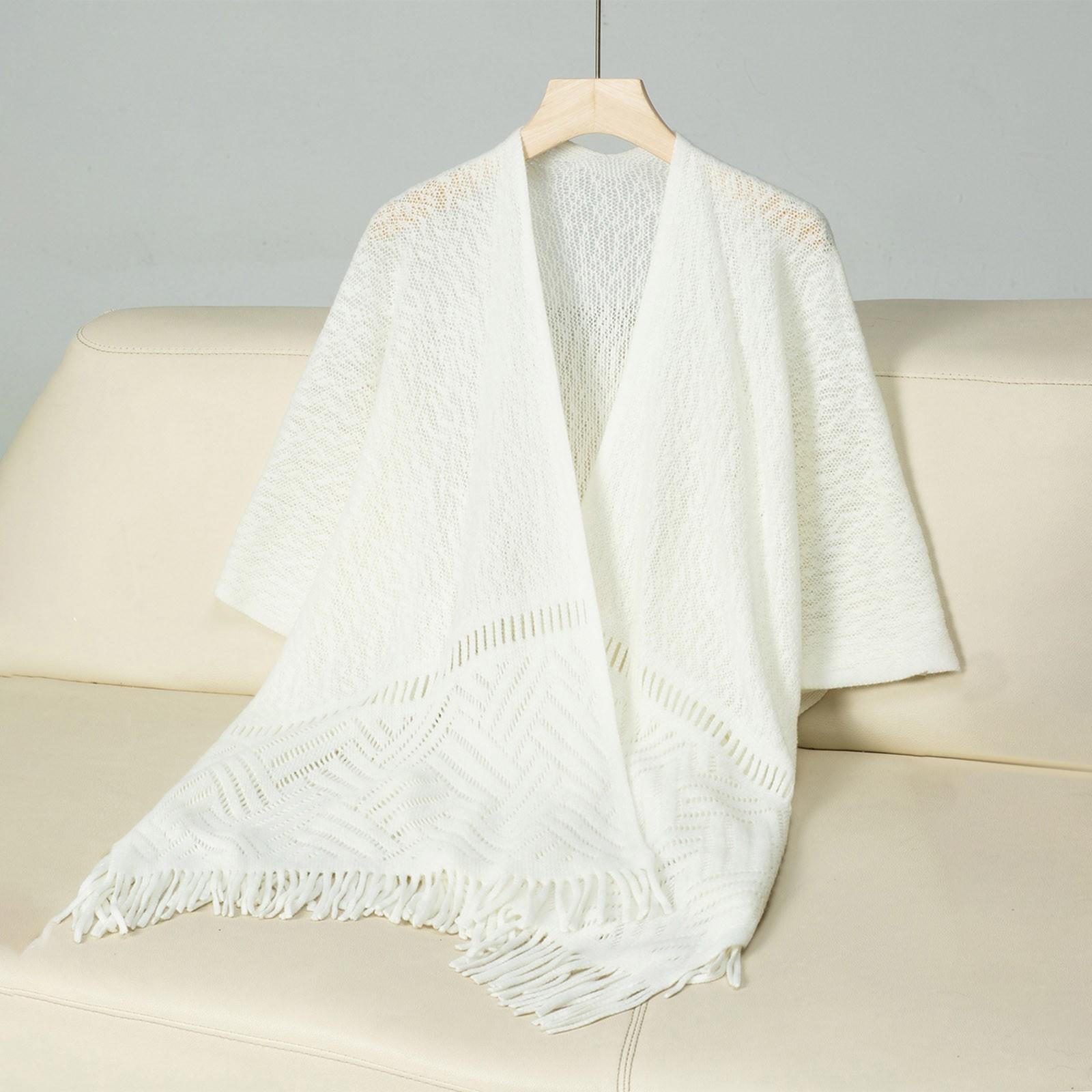 

Женская мода ажурная вязка бахрома накидка шаль повседневный свободный свитер One Size белый