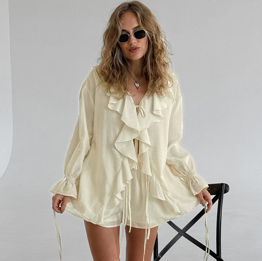 Women's Spring and Summer Design Ruffle Fashion Casual Tie Cardigan Top Shorts Suit