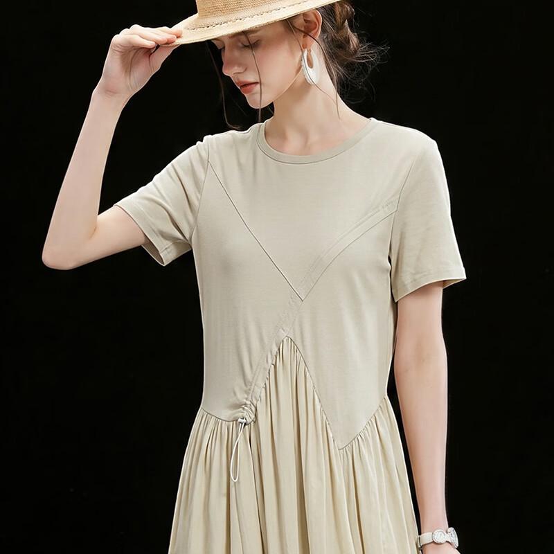Women's Relaxed Fit Round Neck Drawstring Waist Summer Dress