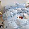 INS Korean Style Fresh Blue Duvet Cover Washed Cotton Bed Sheet Bed Skirt Four-Piece Set Dormitory Simple Solid Color