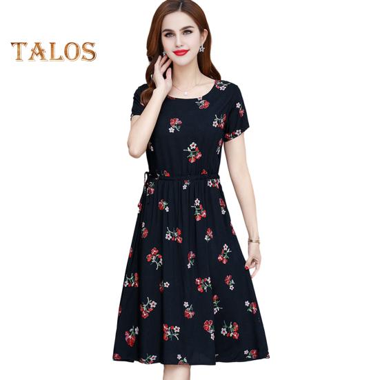 

Женское летнее платье с цветочным принтом в стиле бохо с короткими рукавами и круглым вырезом, струящееся пляжное платье-сарафан А-силуэта с завязками на талии 3XL чёрный