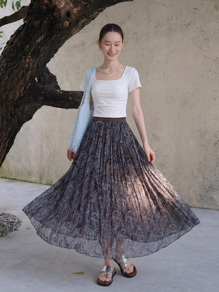 Fei Yuan Elegant High Waist Retro Paisley Mesh Midi Skirt for Women - Early Spring Collection