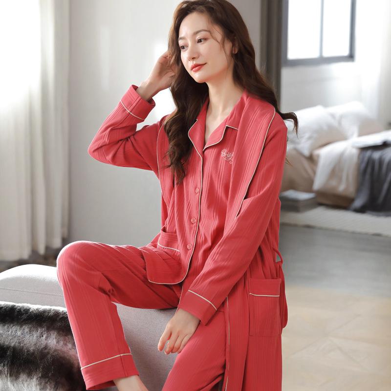Paar Nachthemd Damen Frühling und Herbst Baumwolle Langärmeliger Bademantel Pyjama Herren Herbst Lang Yukata Loungewear Dreiteiliges Set