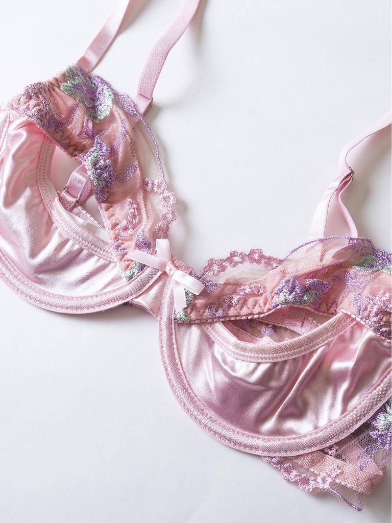 Pink Satin Embroidered Lingerie Set with Open Cup Bra, Garter, and Panty