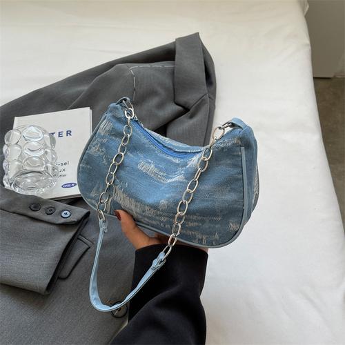 Retro Design Women's Chain Shoulder Bag Soft Denim Female Underarm Bag Handbags Fashi Ladies Small Square Tote Purse Bags