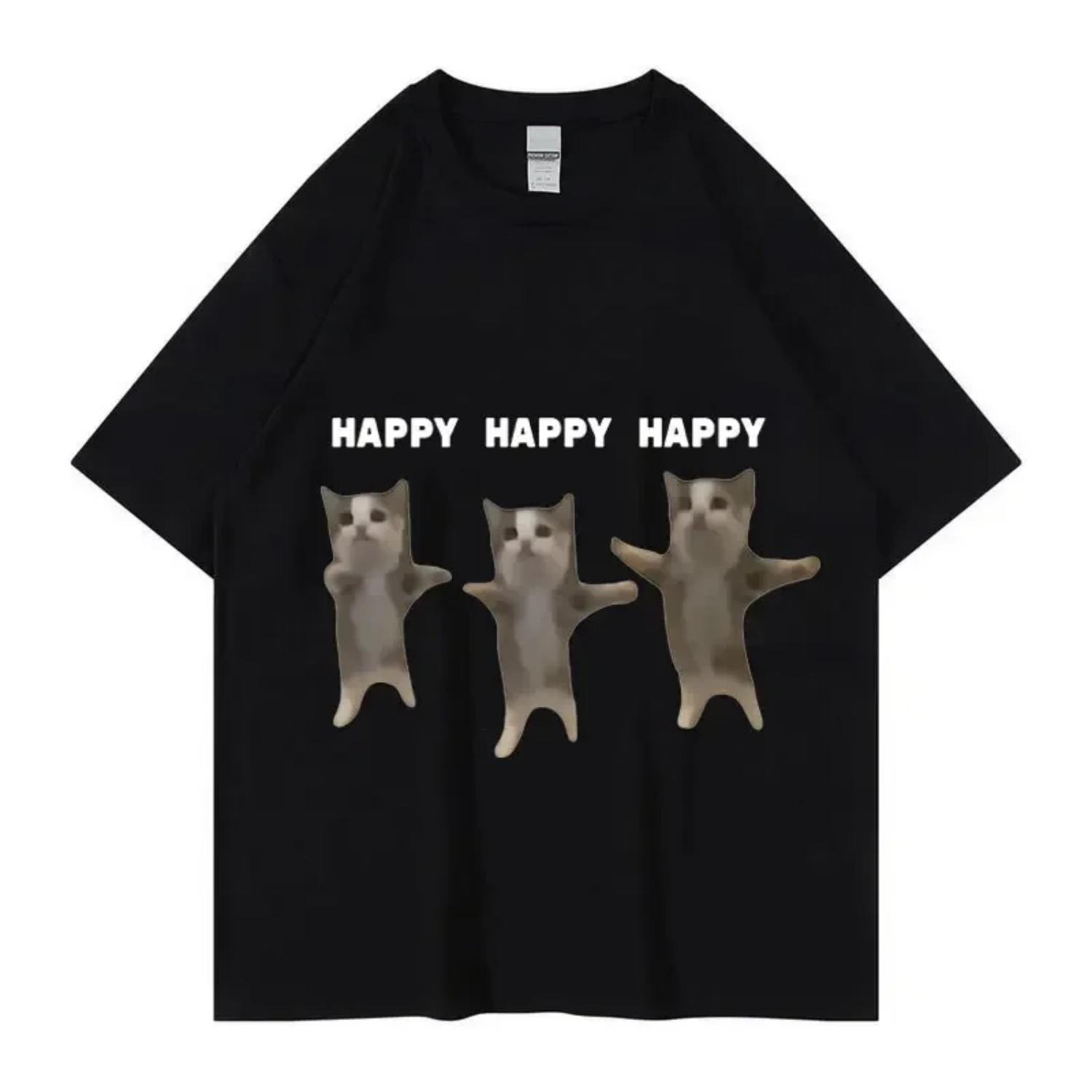 Cat Print T-shirt for Women Happy Dancing Cat Print Short Sleeve Shirt Casual Cotton Fashion Plus Size Graphic T Shirts S