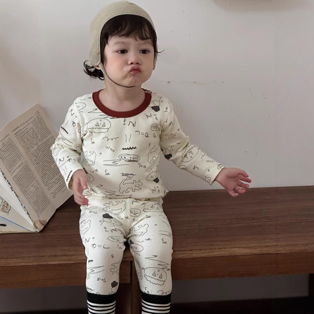 Autumn and winter pure cotton cartoon boneless loungewear baby clothes 280g wool pull frame boys pajamas set