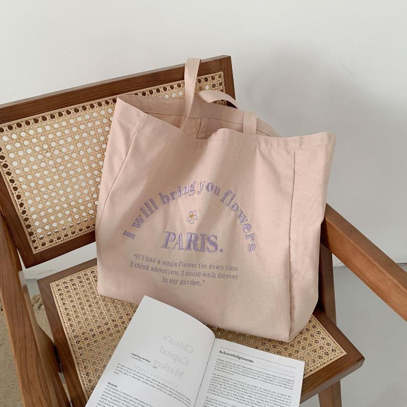 2 Wind Ladies Canvas Bag Letter Embroidered Shoulder Bag Large Capacity Student Tote Bag Shopping Bag